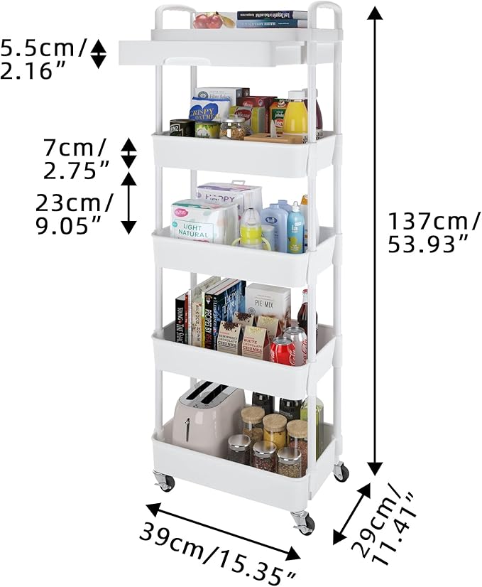 Calmootey 5-Tier Rolling Utility Cart with Drawer,Multifunctional Storage Organizer with Plastic Shelf & Metal Wheels,Storage Cart for Kitchen,Bathroom,Living Room,Office,White-NeatNest