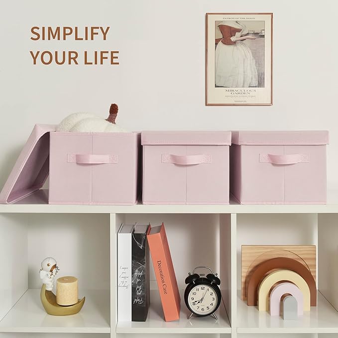 GRANNY SAYS Closet Storage Bins, Fabric Boxes with Lids, Shelf Baskets for Closet Organization, Stackable Storage Containers, Pink, 3-Pack-NeatNest