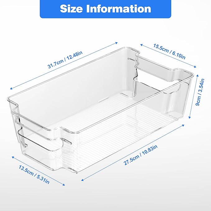 Clear Refrigerator Storage Bins, 8-Piece Set, Stackable Kitchen Organizer Containers for Fridge and Pantry (Clear 8 Pack-12.4"*6.1"*3.4")-NeatNest