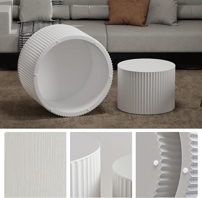 Round Nesting Coffee Table Set 2 Piece, Drum Modern DrumStackable Side Table for Living Room/Bedroom Small, Space-Saving Accent Furniture with Scratch-Resistant Design (B White 27.56 in)