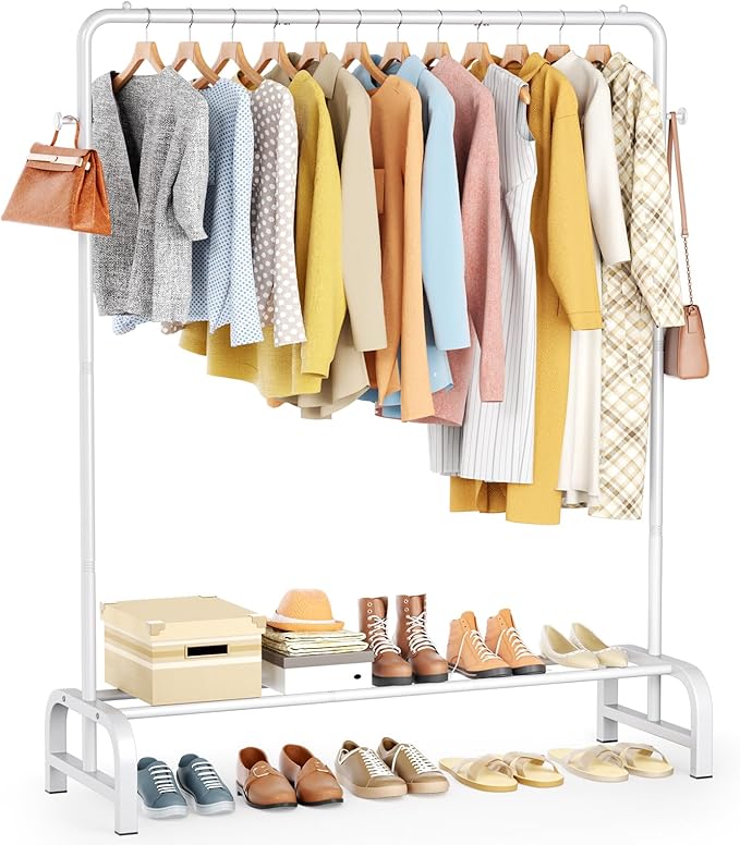 Clothes Rack With Storage Shelves: Metal Clothing Rack for Hanging Clothes, Garment Rack for Bedroom, Laundry, Living Room, White-NeatNest
