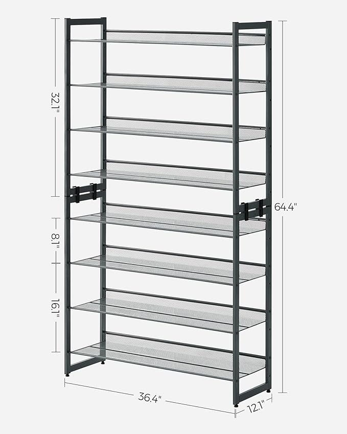SONGMICS Shoe Rack, 8-Tier Shoe Organizer, Metal Rack for Garage, Set of 2, 4-Tier Stackable Shelf, with Adjustable Flat or Angled Shelves, 32-40 Pairs, Charcoal Gray ULMR08GB-NeatNest
