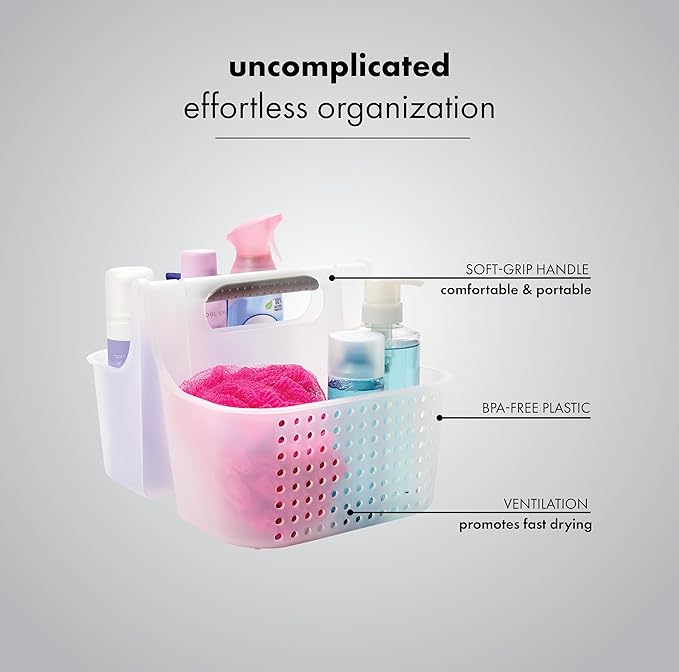 Madesmart 2-Compartment Soft Grip Shower Tote for Bathroom Organization, Plastic Storage Shower Caddy Bucket, Large, Frost
