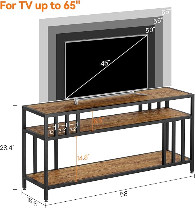 Garvee 58" TV Stand for Television up to 65 Inch, Entertainment Center with 3-Tier Open Shelves, TV Media Console Table Quadruple-Tube Support for Living Room, Entryway, Rustic Brown-NeatNest