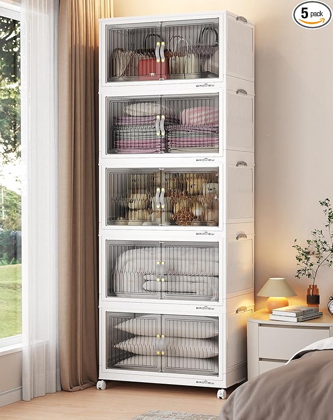 400Qt Stackable Storage Bins with Lid, Extra Large Closet Organizer Collapsible Drawer Boxes with Wheels, Folding Plastic Cabinet Containers for Home Kitchen Room Organization, 5Pack White