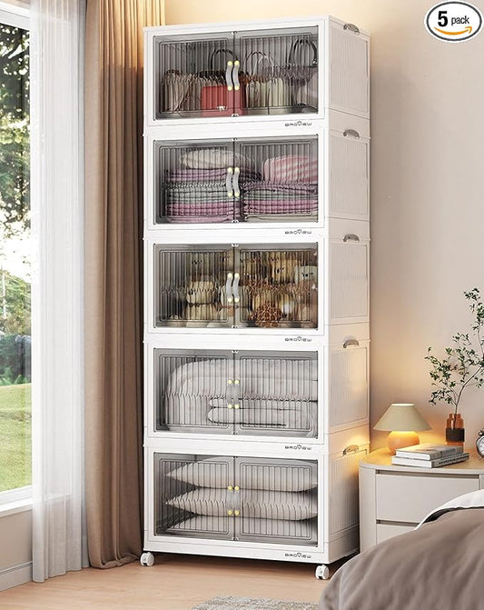 400Qt Stackable Storage Bins with Lid, Extra Large Closet Organizer Collapsible Drawer Boxes with Wheels, Folding Plastic Cabinet Containers for Home Kitchen Room Organization, 5Pack White