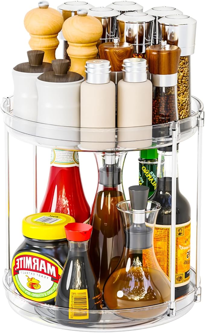 2 Tier Lazy Susan Turntable for Cabinet,Countertop,Pantry,9.5"W Spinning Seasoning Organizer,Double Rotating Kitchen Spice Rack Organizer and Condiments,Medicine,Vitamin Bottle Organizer Carousels,1Pc-NeatNest