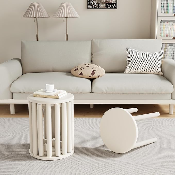 Stackable Stools Set of 4, Wood Stool 18 Inch Stool Stackable Side Tables Nesting Table Sturdy and Durable, No Installation Required for End Table,Top Stackable Round Stools(White Barstool)