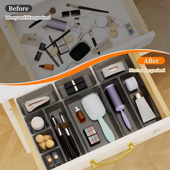 32 PCS Clear Plastic Drawer Organizer Set, 4-Size vanity organizer Trays and Storage Bins for Makeup, Jewelry and Gadgets in Bedroom, Bathroom and Office, Clear Black-NeatNest