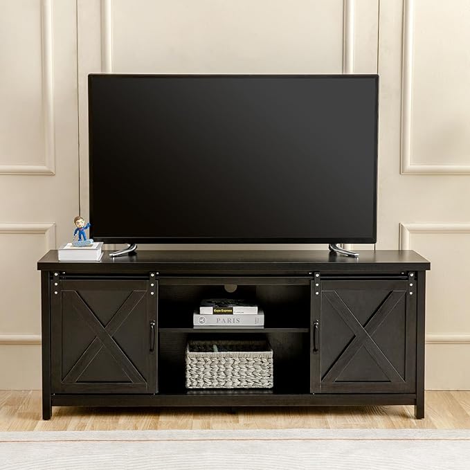 GAZHOME Farmhouse TV Stand with Sliding Barn Doors, Media Entertainment Center Console Table for TVs up to 65”,Rustic TV Stand for Living Room Bedroom(Black)-NeatNest