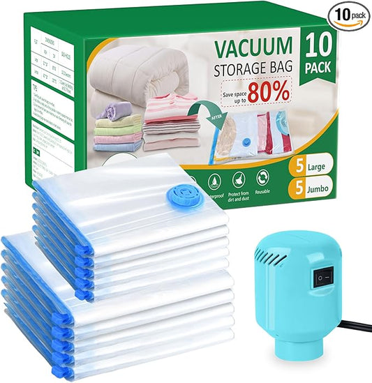 Vacuum Seal Bags for Clothing with Electric Pump, 10 Pack(5 Jumbo/5 Large Vacuum Storage Bags) Space bags vacuum Packing Bag for Travel Luggage Blankets Comforters Vaccine Sealed Storage Bag-NeatNest
