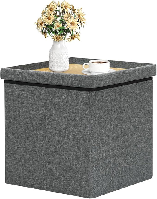 B FSOBEIIALEO Storage Ottoman with Tray, Small Ottomans Cube Folding Coffee Table Foot Stool Footrest Seat, Dark Grey Linen 16"X15.7"x15"-NeatNest