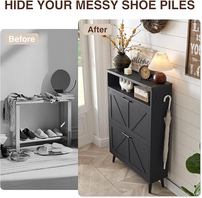 Shoe Storage Cabinet, Farmhouse Shoe Organizer with 2 Flip Drawers & Barn Door,Freestanding Hidden Slim Narrow Shoe Rack Cabinet with Open Storage for Entryway, Foyer, Black-NeatNest
