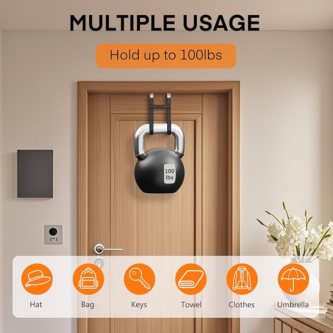 FYY Over The Door Hooks - 2 Pack Heavy Duty Dual-Hook Organizer Hanger with Non-Slip Rubber for Towels, Clothes, Hats & Bags Use in Bathroom, Bedroom, Kitchen - Fits Interior Doors Up to 1 3/8" Black-NeatNest