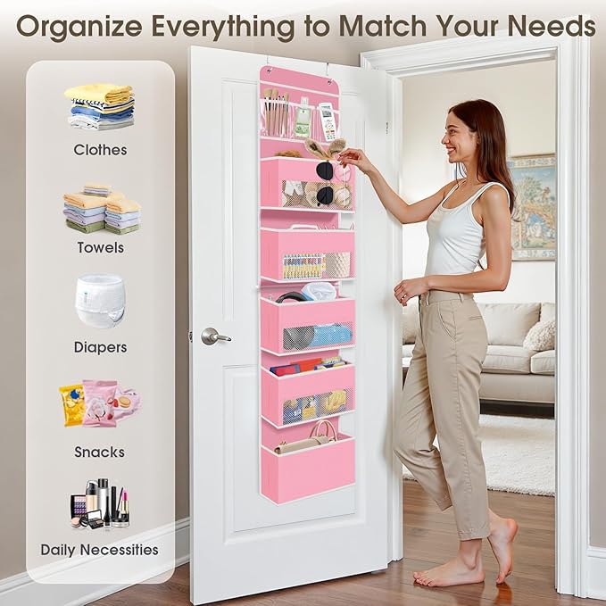 6-Tier Over The Door Organizer Hanging Storage Organizers with Clear Window 40lb Large Capacity Room Organizer for Pantry Bathroom Nursery Closet(Pink)-NeatNest