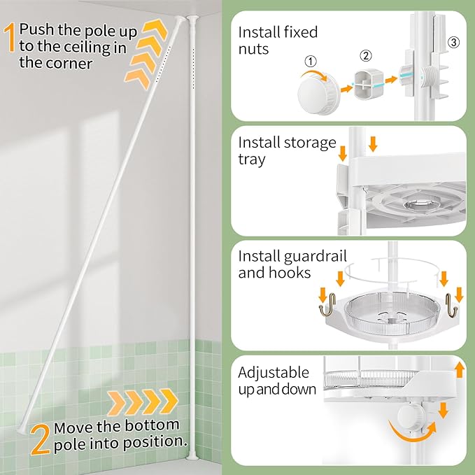 360° Rotating Corner Shower Caddy Tension Pole Organizer - 4-Tier Adjustable Rustproof Metal Pole, Plastic Shelves with Safety Guardrail, Bathroom Storage for Shower & Bathtub(White)