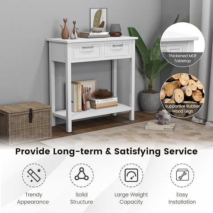 GOFLAME Small Console Table with 2 Drawers, 31” Entry Table with Storage Shelf, Modern, Narrow Sofa Table for Living Room, Hallway, Entrance (White)-NeatNest