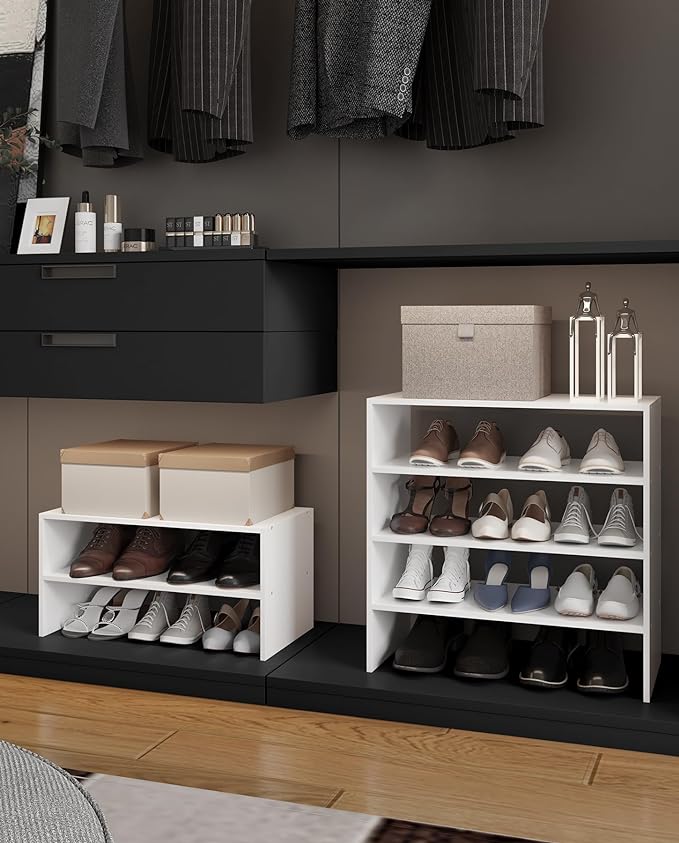 2-Tier Stackable White Shoe Rack, Wooden 2-Shelf Shoe Organizer Freestanding Shoe Storage Stand for 6-9 Pairs, Perfect for Closet, Entryway, Office Use - Modern White-NeatNest