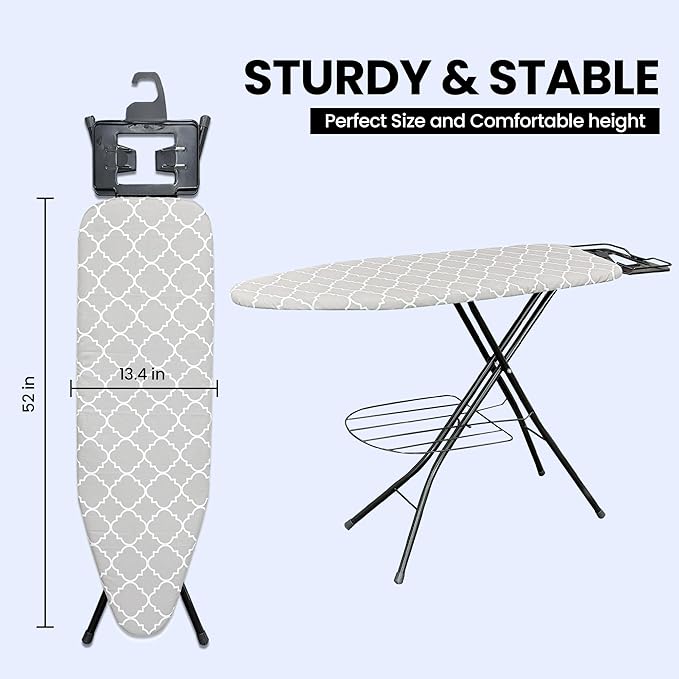 ZESTFULLIFE Ironing Board Full Size (52x13.5) with Bottom Storage Tray, 7 Adjustable Heights with Smart Hanger, Thick Layer Pad, Ironing Board Cover with Durable Steel Legs, Easy Folding for Storage