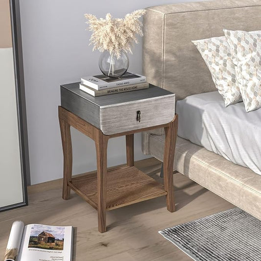 COSIEST Rustic Nightstand, 2-Tier Farmhouse Bedside Table, Wood Accent End Table with Storage Drawer and Open Display Shelf for Bedroom Nursery Living Room (Black & Silver)-NeatNest