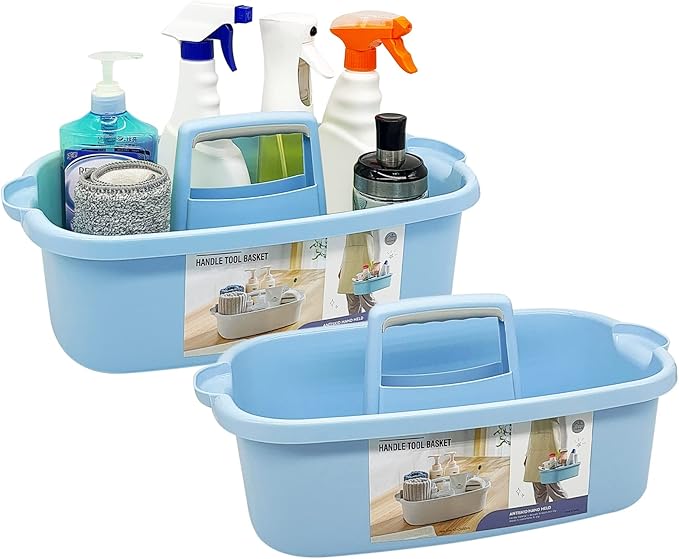 2 Pack Multi-Purpose Plastic Cleaning Caddy with Handle, Shower Caddy Organizer/Storage Basket/Totes Portable for Bathroom Supplies, Cleaning Products, Under Sink Tool, Housekeepers (Blue2)-NeatNest