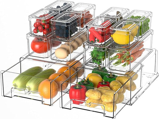 14Pack Fridge Organizer Bins, Clear Refrigerator Organizing Containers with Lids and Refrigerator Drawers, Stackable Food, Vegetable and Fruit Containers for Fridge Organizers and Storage