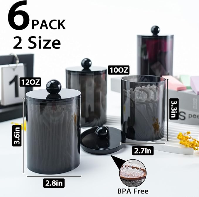 6 PACK Qtip Holder-10 oz, 12 oz, Qtip Holder Dispenser for Bathroom Canister Storage Organization, Vanity Makeup Organizer, for Cotton Swabs, Balls, Pads, Floss Picks(Black)