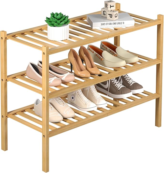 3 Tier Bamboo Shoe Rack for Closet Free Standing Wood Shoe Shelf Storage Organizer for Entryway Small Space Stackable 27"x11"x20" (Natural)-NeatNest