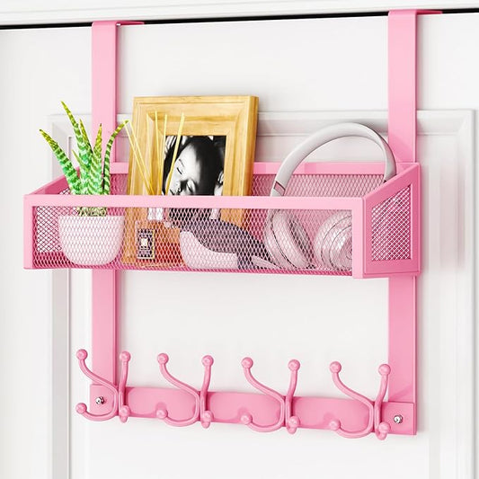 HapiRm Over The Door Hooks - Easy Installation Pink Door Hanger with Basket and 16 Hooks, 304 Stainless Steel Storage Organizer for Towels, Coats, Bathroom, Kitchen, Dorm-Pink