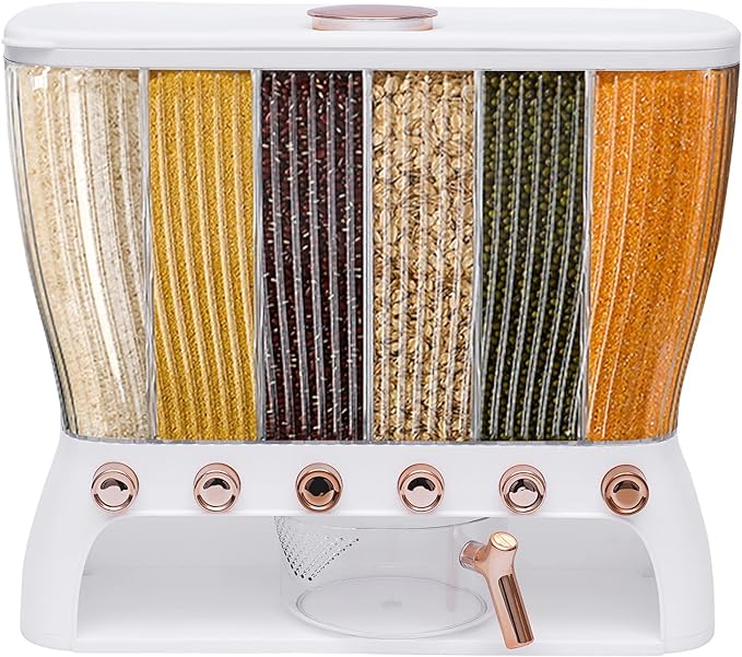 6 Grids Dry Food Dispenser Grain Rice Storage Dispenser with Measuring Cup, 22lbs Sealed Storage Tank for Home Kitchen, Detachable Partition-NeatNest