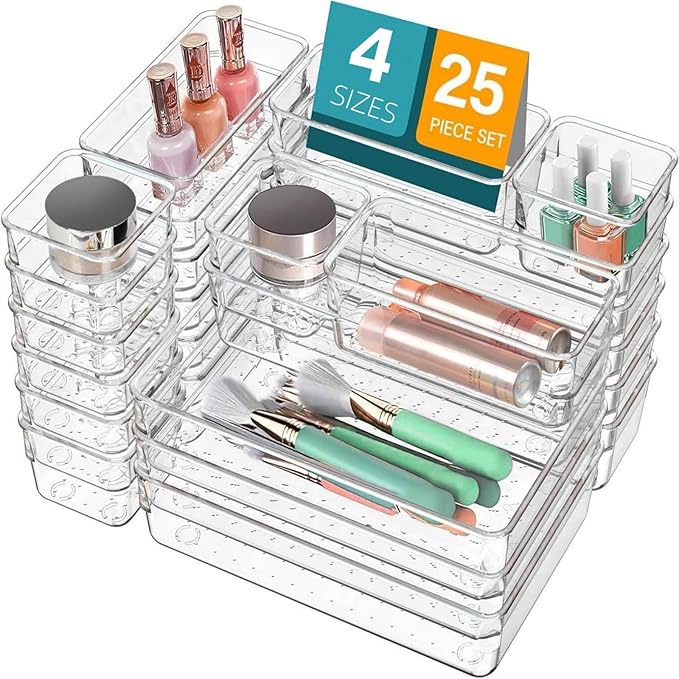 Drawer Organizer, Makeup Organizer, Desk Drawer Organizer, Acrylic Storage Bins for Makeup, Skincare, Jewelry, Office Supplies Used in Vanity, Kitchen, Bedroom, Bathroom, Office - 25pcs-NeatNest