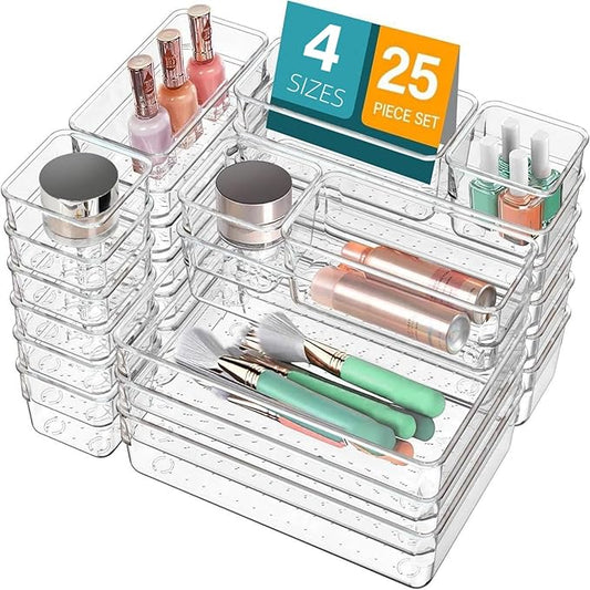 Drawer Organizer, Makeup Organizer, Desk Drawer Organizer, Acrylic Storage Bins for Makeup, Skincare, Jewelry, Office Supplies Used in Vanity, Kitchen, Bedroom, Bathroom, Office - 25pcs-NeatNest