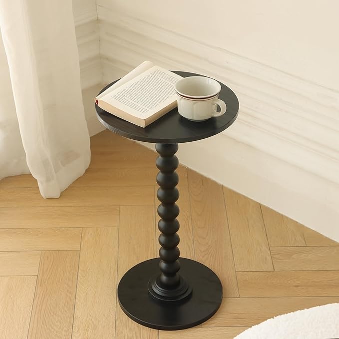 Round Side Table, Small Drink Table for Small Spaces, Modern Accent End Table Nightstand with Solid Wood Leg for Living Room, Bedroom, Corners, and Office (Black)