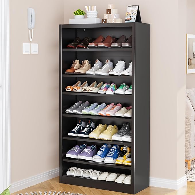 Shoe Cabinet,7 Tiers Heavy Duty Metal Freestanding Shoe Rack,55" Tall Shoe Cabinet with Open Storage for Entryway (Black, 7 Tier-55 H*27.6" W*11.8" D)-NeatNest