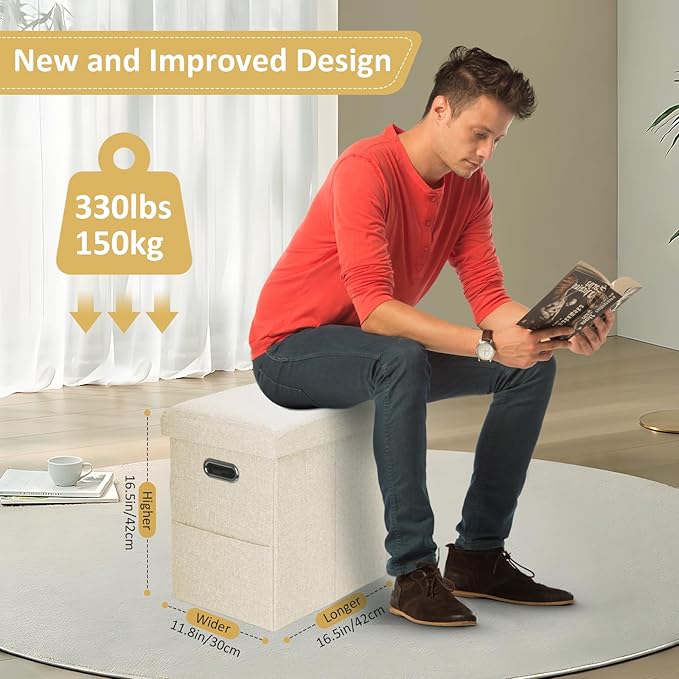 Tall Ottoman with Storage Collapsible Fabric Small Slim Folding Ottoman Furniture with Handles Lid for Room Footrest Foot Stool Linen Beige 16.5x16.5x11.8in