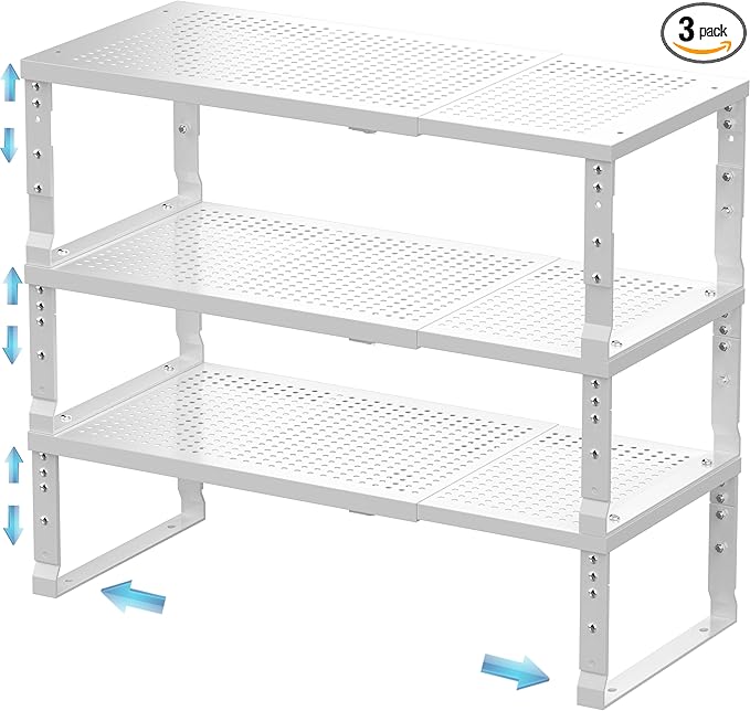 Expandable Spice Rack & Kitchen Cabinet Organizer - Stackable, Adjustable Shelves for Cabinets, Countertops, Cupboards & Pantries(3 Packs/Large/White)-NeatNest