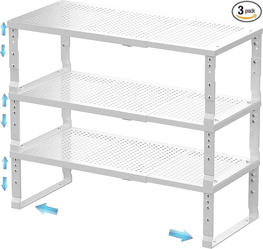 Expandable Spice Rack & Kitchen Cabinet Organizer - Stackable, Adjustable Shelves for Cabinets, Countertops, Cupboards & Pantries(3 Packs/Large/White)-NeatNest