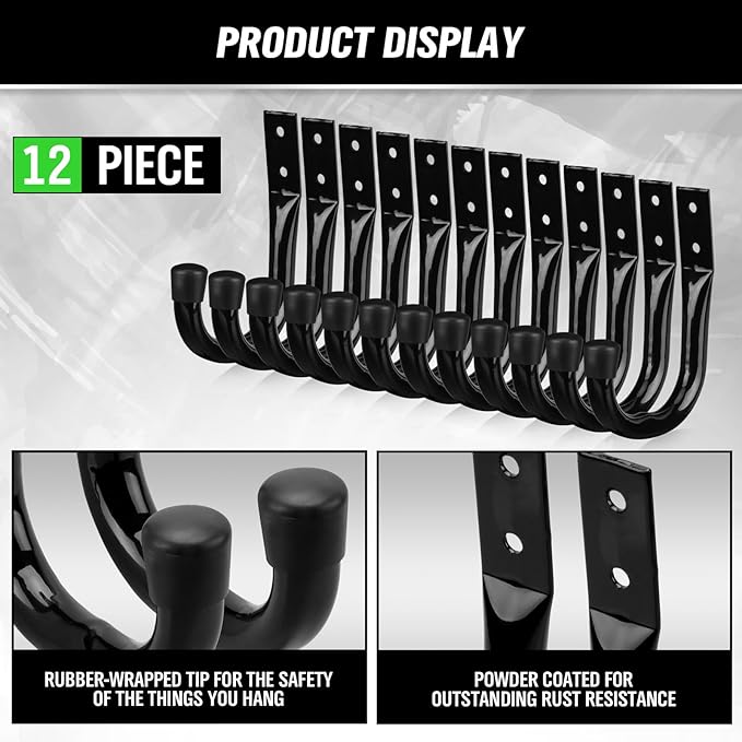 Heavy Duty Garage Storage Hooks, 12-piece Bike Hooks for Garage Wall, Utility Garage Hooks, Wall Mount J Hook for Hanging, Large Metal Storage Organizer Tool, Extension Cord Hanger-NeatNest