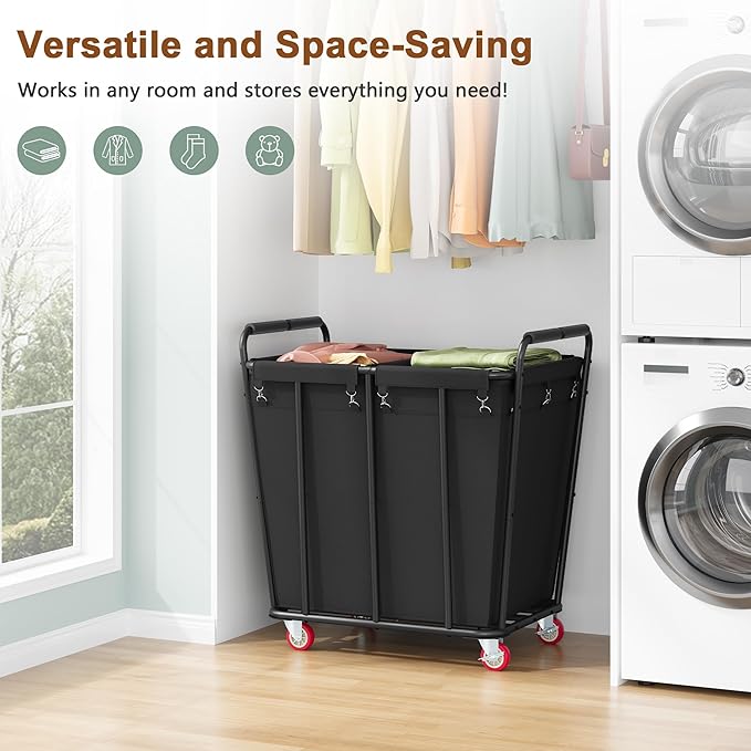 Hoctieon 2 Section Laundry Sorter Cart, 400L Rolling Hamper with Wheels, Industrial Laundry Basket Organizer, Extra Large Dirty Clothes Hamper for Home & Hotel, Heavy Duty, Black-NeatNest