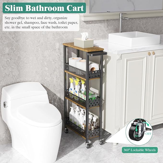 Giwil 4-Tier Slim Rolling Storage Cart for Kitchen Bathroom Organizer, Mobile Narrow Storage Cabinet Utility Cart with Wood Rack on Wheels for Pantry Laundry Small Space