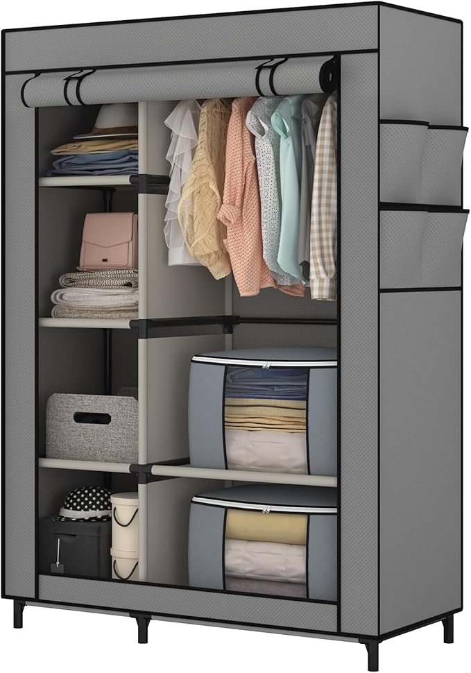 Calmootey Portable Closet, Wardrobe with 6 Shelves and Hanging Rod, Storage Organizer for Bedroom, Non-Woven Fabric Cover with 4 Side Pockets, Includes 2 Storage Bags for Clothes, Grey-NeatNest