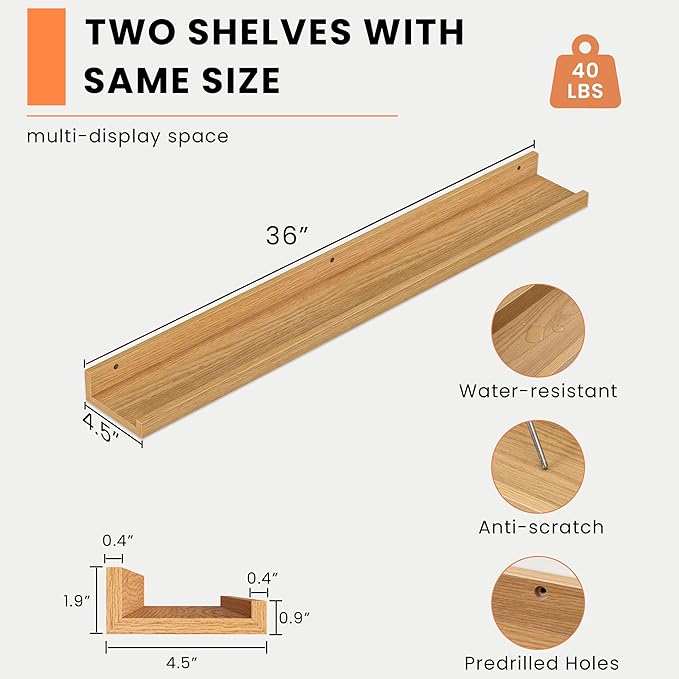 Heimlove Picture Ledge Shelf, Floating Shelves Set of 2, 36 Inches Picture Shelf for Wall with Ledge, Kids Bookshelf Wall Mounted for Living Room Bedroom Decor Books Photo Frames - Natural Oak-NeatNest