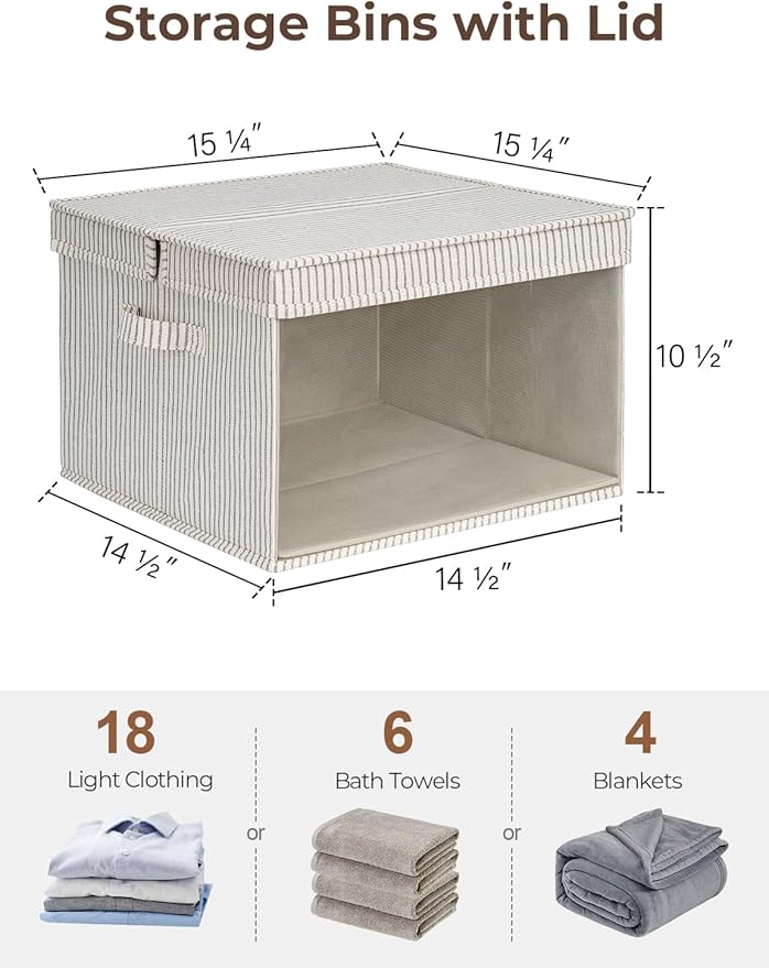 StorageWorks Storage Bins with Lid and Clear Window, Fabric Storage Boxes with Lids, Stackable Basket for Shelves, Closet Organizer and Storage Bins, Gray and White Stripes, Jumbo, 4-Pack-NeatNest