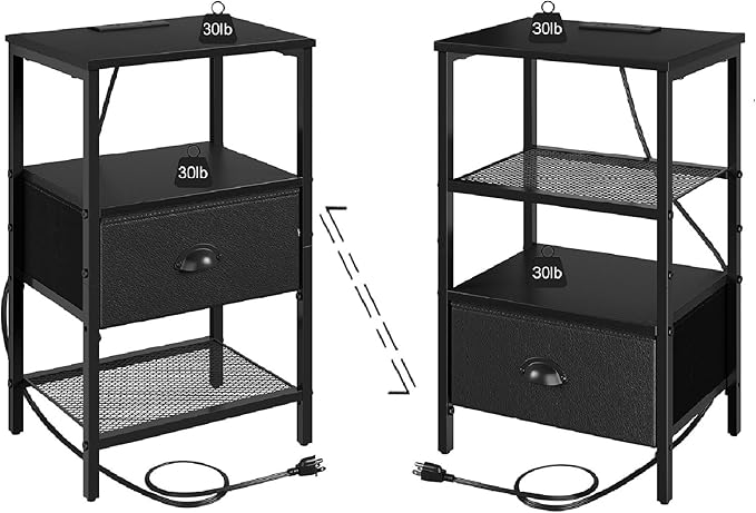 Nightstands Set of 2, Black Night Stands with Charging Station, Bedside Tables with Fabric Drawers PU Finish, 2-Tier Side Table with Open Shelf, Nightstands with Drawer,Black