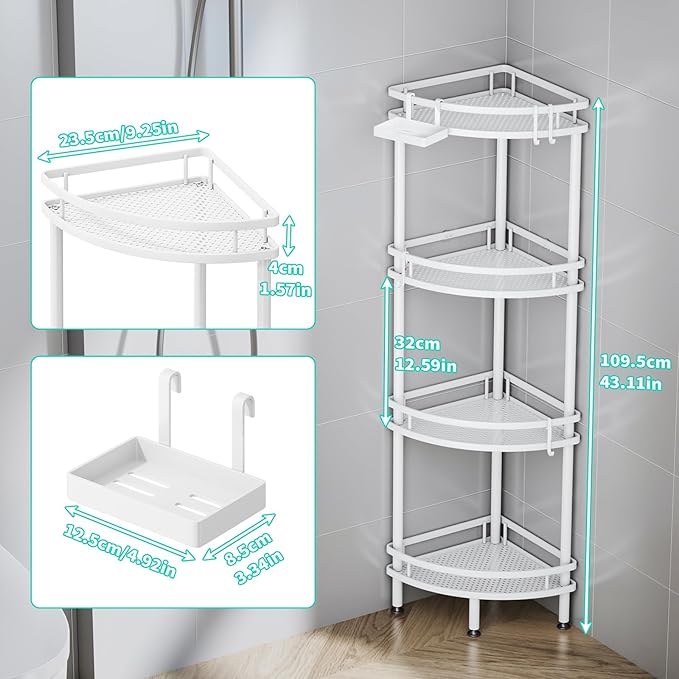 HapiRm Standing Corner Shower Caddy - 4 Tier Shower Organizer Corner with Soap Holder and 4 Hooks, Rustproof Bathroom Storage Shelves with Adhesives, White