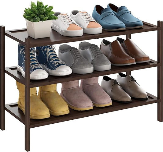 BMOSU 3-Tier Bamboo Shoe Rack Premium Stackable Shoe Shelf Storage Organizer for Hallway Closet Living Room Entryway Organizer(Brown)-NeatNest