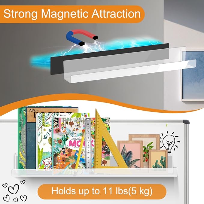 2 Pack Magnetic Book Shelf - Acrylic Reusable Display Panel for Whiteboards, Classrooms & Home, Adhesive-Free Storage with 11lb Capacity (Clear)