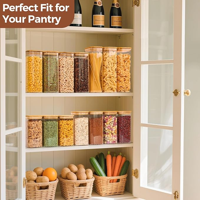 ComSaf Airtight Glass Storage Canister with Wood Lid (1.6 Qt), Clear Food Storage Container Jar with Sealing Lids for Oat Pasta Flour Cereal Rice Sugar Tea Coffee Beans, Set of 3 Square Cookie Jar-NeatNest