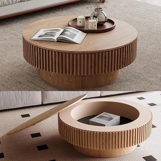 39'' Round Wood Coffee Table with Storage for Living Room Modern Pedestal Coffee Table Circle Center Tables Fluted Accent Tea Table for Apartment, Natural Wood Oak