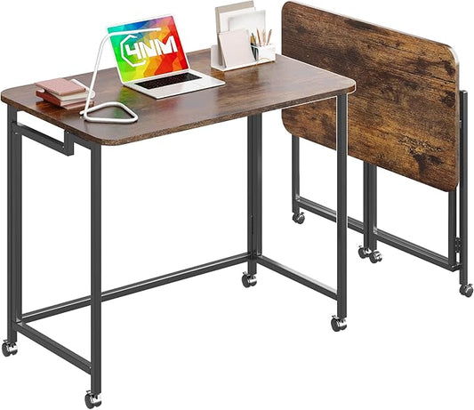 4NM 31.5" Mobile Small Rolling Computer Desk, Folding Laptop Cart Table with Wheels, Portable Office Desk for Small Space Couch Bed - Rustic Brown and Black